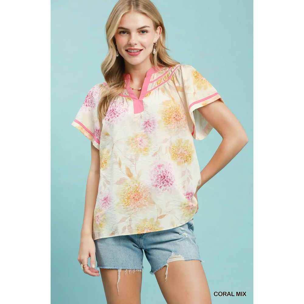 Umgee Floral Flutter Sleeve Blouse